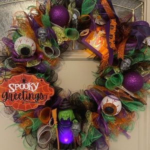 Spooky Greetings Light and Sound Witch Halloween Wreath